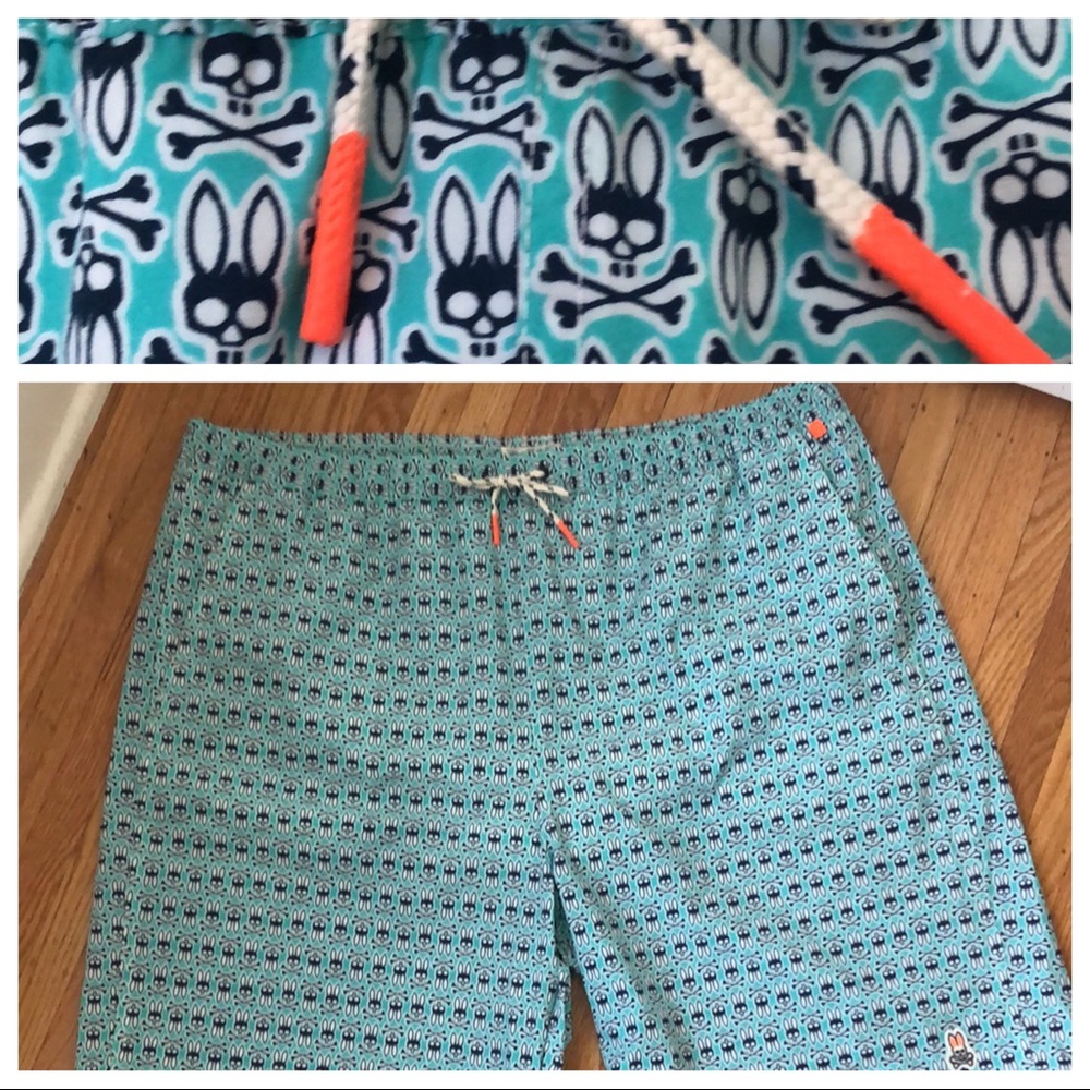 Psycho Bunny Green and Blue Swim Trunks Geometric Design